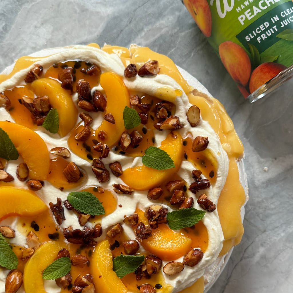 Peach and Lemon Curd Pavlova with Passionfruit and Nuts | Food In A Minute | New Zealand | Recipes -