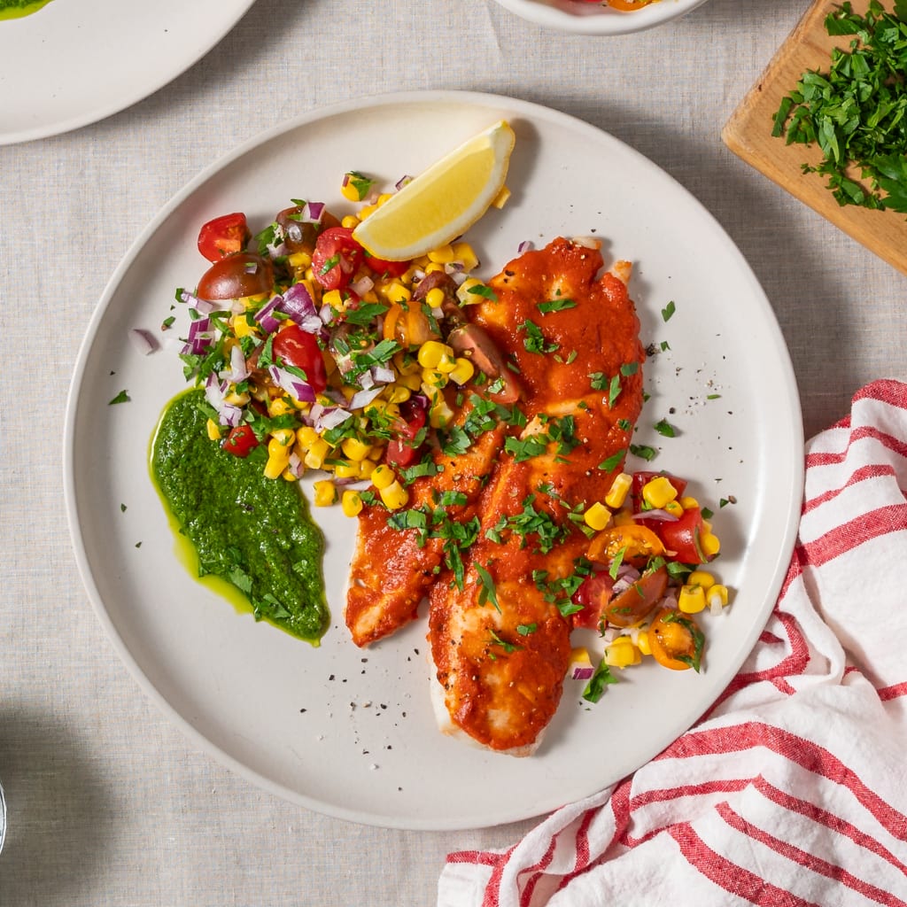 Grilled Fish with Corn Salad and Herb Sauce | Food In A Minute | New Zealand | Recipes - Kraft Heinz