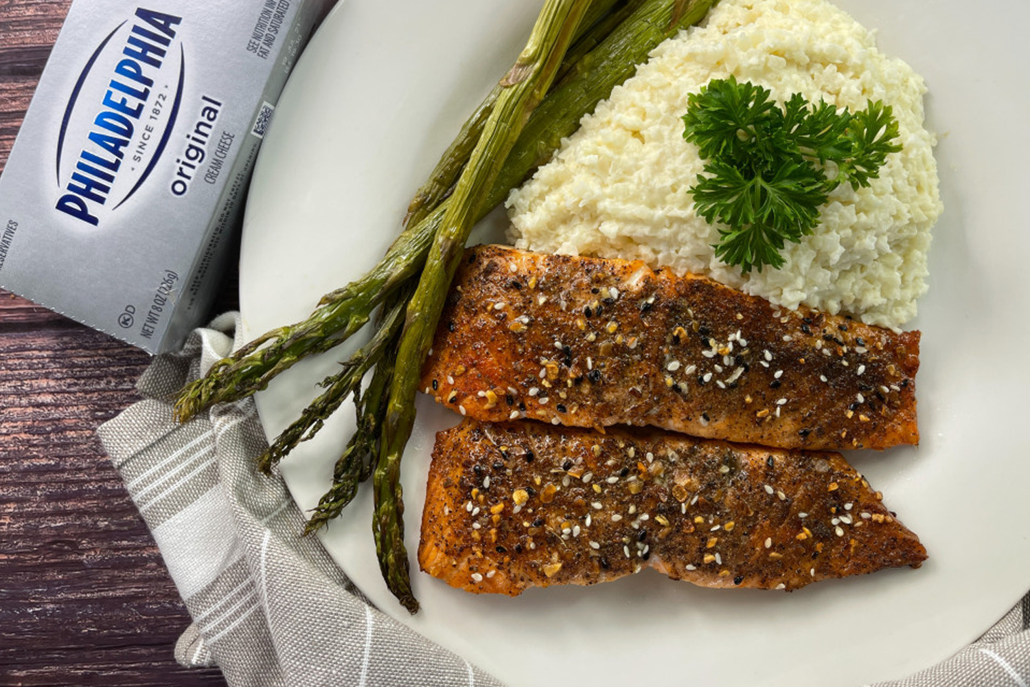 Everything Bagel Salmon with Creamy Mashed Cauliflower and Asparagus | PHILADELPHIA | United States 