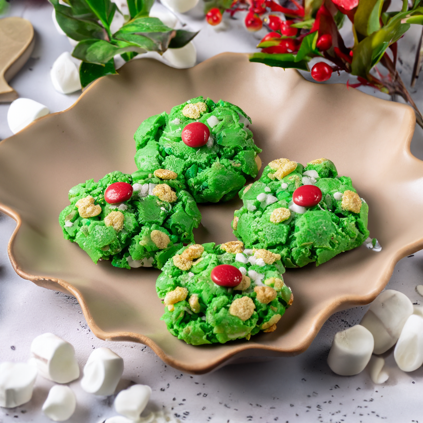 No-Bake Holly Cookies | JET-PUFFED | United States | Recipes - Kraft Heinz