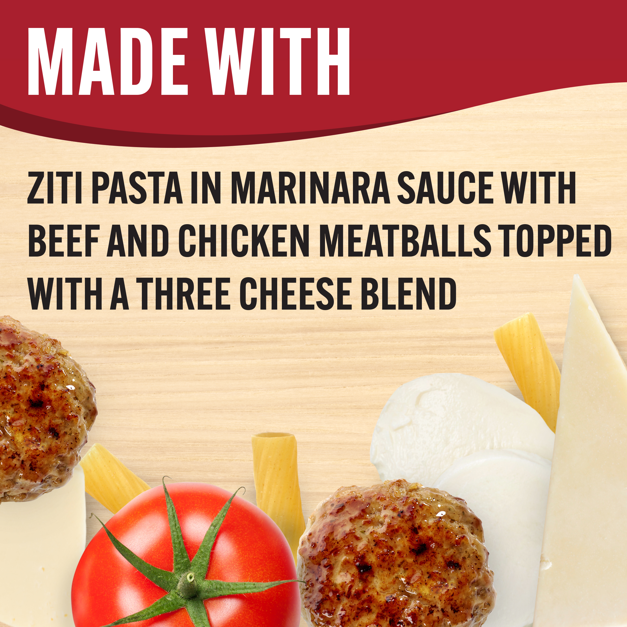 Three Cheese Ziti Pasta with Meatballs, Mozzarella, Monterey Jack