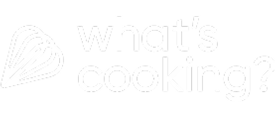 What's Cooking? logo, featuring a stylized clove icon and the brand name in a bold, sans-serif white font.